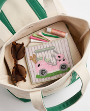 Load image into Gallery viewer, Golf lover gift featuring a pink golf cart, gold golf clubs, and intricate beadwork.