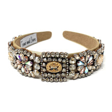 Load image into Gallery viewer, headband for women, summer headband, beige baroque headband, fall winter headband, gold jeweled headband, bridal headband, bridal accessories, beige luxurious hairband, luxurious hair band, unique embellished headband, unique headband, statement headband, custom bridal headband, beige color accessories, embellished headband, gemstone headband, luxury headband, brown bejeweled headband, bling headband, baroque embellished headband, custom headband, jeweled baroque headband, evening hair accessory
