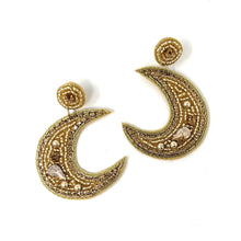 Load image into Gallery viewer, custom beaded Earrings, half moon jeweled Earrings, gold Beaded Earrings, moon earrings, summer jeweled earrings, handmade earrings, custom earrings, party accessories, fancy accessories, moon embellished earrings, custom earrings, best friend gifts, birthday gifts, bohemian earrings, luxurious handmade accessories, night jewelry, Fancy earrings, boho earrings, beaded earrings, Fancy jeweled earrings, statement earrings, best selling items, statement earrings, handmade gifts, custom gifts, gold moon

