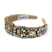 Load image into Gallery viewer, headband for women, summer headband, beige baroque headband, fall winter headband, gold jeweled headband, bridal headband, bridal accessories, beige luxurious hairband, luxurious hair band, unique embellished headband, unique headband, statement headband, custom bridal headband, beige color accessories, embellished headband, gemstone headband, luxury headband, brown bejeweled headband, bling headband, baroque embellished headband, custom headband, jeweled baroque headband, evening hair accessory
