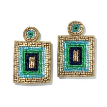 Load image into Gallery viewer, Pair of square beaded earrings with green and blue accents on a white background