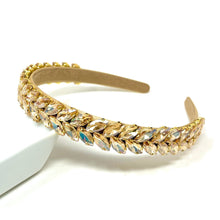 Load image into Gallery viewer, Slim gold crystal headband adorned with shimmering marquise rhinestones and champagne gemstone accents.