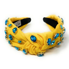 Load image into Gallery viewer, Bright yellow jeweled headband paired with aqua gemstone earrings for a bold summer fashion look.