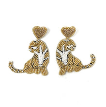 Load image into Gallery viewer, Handmade tiger earrings with intricate gold and white bead embroidery and heart tops.