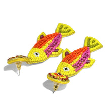 Load image into Gallery viewer, Whimsical ocean-inspired earrings crafted in a fish silhouette with bold summer colors and detailed handcrafted beadwork.