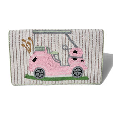Load image into Gallery viewer, Pink golf cart hand beaded clutch with golf clubs and pastel pink and ivory beadwork.