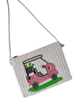 Load image into Gallery viewer, Pink golf cart design on a white hand-beaded zip pouch with colorful golf clubs detail.