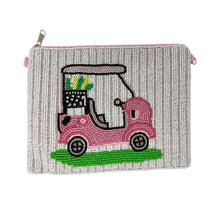Load image into Gallery viewer, Small beaded clutch with pink golf cart illustration and green grass detail.