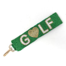 Load image into Gallery viewer, Green beaded keychain with 'GOLF' and heart design on a white background