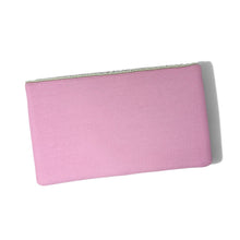 Load image into Gallery viewer, Back of a pink hand beaded golf cart clutch with a solid pink fabric finish and beaded trim.
