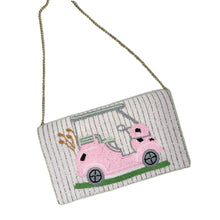 Load image into Gallery viewer, Pink hand beaded golf cart crossbody clutch with golf clubs and a gold-tone chain strap.