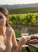 Load image into Gallery viewer, A woman in a white dress stands in a vineyard at sunset, holding a glass of white wine and wearing a colorful grape-shaped earring. A wooden table in the foreground holds a cheese board with crackers and more grapes.