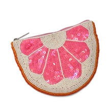 Load image into Gallery viewer, A semicircular zip pouch decorated with pink sequins, cream beads, and orange trim, shown on a plain white background.