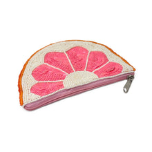 Load image into Gallery viewer, A semicircular zip pouch designed to look like a citrus slice, featuring textured pink and cream beadwork with an orange beaded border and a pink zipper.