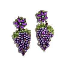 Load image into Gallery viewer, Purple grape-shaped earrings with green leaves on a white background
