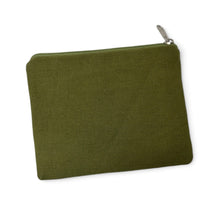 Load image into Gallery viewer, An olive green canvas zippered pouch with a silver metal zipper pull, shown on a plain white background.