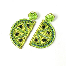 Load image into Gallery viewer, Bright green fruit-inspired beaded earrings with detailed lime pattern