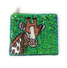 Load image into Gallery viewer, Hand-beaded coin purse with giraffe illustration on a shimmering green sequin background.