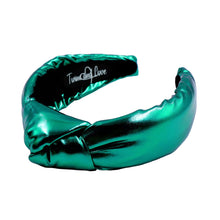 Load image into Gallery viewer, Metallic green knot headband with glossy satin finish