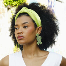 Load image into Gallery viewer, Lightweight statement earrings featuring a beaded green ribbon design, combining elegance, sparkle, and purpose.