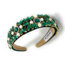 Load image into Gallery viewer, headband for women, green headband, green baroque headband, emerald color headband, green bejeweled headband, bridal headband, bridal accessories, green luxurious hairband, luxurious hair band, unique embellished headband, unique headband, statement headband, custom bridal headband, green color hair accessories, embellished headband, gemstone headband, luxury headband, green jeweled headband, bling headband, baroque embellished headband, custom headband, jeweled baroque headband, evening hair accessory
