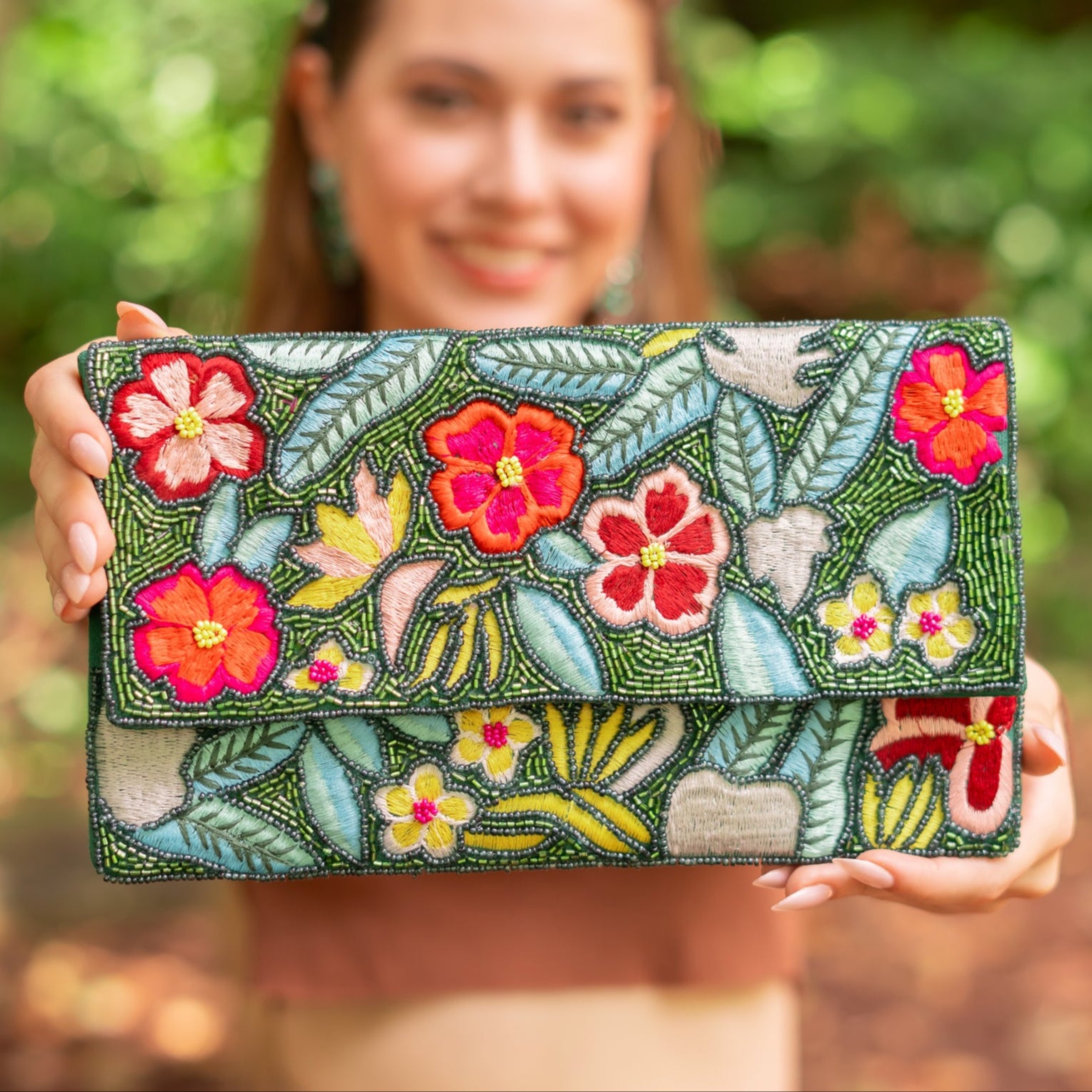 Floral Green Beaded Clutch Seed Bead Clutch Bag Twine and Love