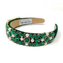 Load image into Gallery viewer, headband for women, green headband, green baroque headband, emerald color headband, green bejeweled headband, bridal headband, bridal accessories, green luxurious hairband, luxurious hair band, unique embellished headband, unique headband, statement headband, custom bridal headband, green color hair accessories, embellished headband, gemstone headband, luxury headband, green jeweled headband, bling headband, baroque embellished headband, custom headband, jeweled baroque headband, evening hair accessory
