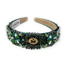 Load image into Gallery viewer, headband for women, fall headband, green baroque headband, fall winter headband, green embellished headband, bridal headband, bridal accessories, brown luxurious hairband, luxurious hair band, unique embellished headband, unique headband, statement headband, custom bridal headband, green color accessories, embellished headband, gemstone headband, luxury headband, green bejeweled headband, bling headband, baroque embellished headband, custom headband, jeweled baroque headband, evening hair accessory
