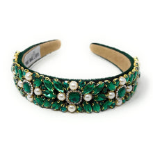Load image into Gallery viewer, headband for women, green headband, green baroque headband, emerald color headband, green bejeweled headband, bridal headband, bridal accessories, green luxurious hairband, luxurious hair band, unique embellished headband, unique headband, statement headband, custom bridal headband, green color hair accessories, embellished headband, gemstone headband, luxury headband, green jeweled headband, bling headband, baroque embellished headband, custom headband, jeweled baroque headband, evening hair accessory

