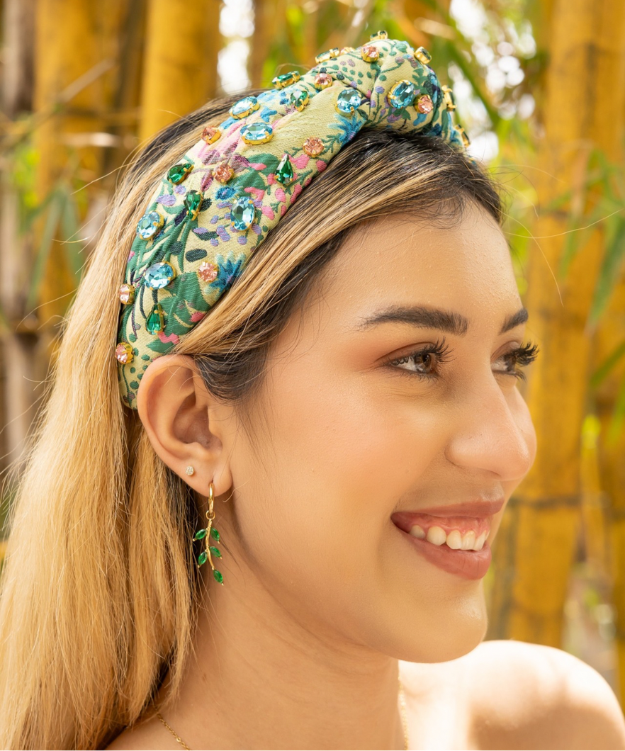 headband for women, tropical Knot headband, green pink headband, green knot headband, top knot headband, jacquard top knot headband, vacation top knot headband, resort hair band, summer knot headband, green jacquard color headband, handmade gifts, top knotted headband, knotted headband, party headbands, jacquard knot headband, tropical headbands, green knot embellished headband, best selling items, luxury headband, custom headband, jeweled knot headband, Handmade headband, hand sewn headband