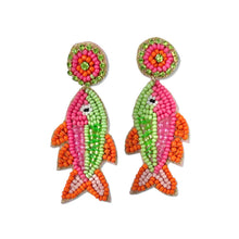 Load image into Gallery viewer, Whimsical tropical fish drop earrings showcasing pink and green bead embroidery with bold orange fin accents.