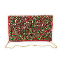 Load image into Gallery viewer, Red clutch bag with green and gold sequins on a white background
