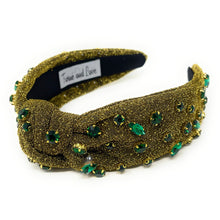 Load image into Gallery viewer, greenJeweled Headband, green headband, Autumn Hair Accessories, fall winter Headband, knot headband, boho headband, best selling items, fall knotted headband, hairbands for women, thanksgiving  gifts,  Fall knot Headband, Fall Winter accessories, shimmer knot headband, shimmer headband, Statement headband, Christmas gifts, jeweled knot headband, Jeweled headband, wide knot headband, Embellished headband, Autumn embellished headband, bejeweled headband, green shimmer headband, New Years