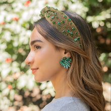 Load image into Gallery viewer, greenJeweled Headband, green headband, Autumn Hair Accessories, fall winter Headband, knot headband, boho headband, best selling items, fall knotted headband, hairbands for women, thanksgiving  gifts,  Fall knot Headband, Fall Winter accessories, shimmer knot headband, shimmer headband, Statement headband, Christmas gifts, jeweled knot headband, Jeweled headband, wide knot headband, Embellished headband, Autumn embellished headband, bejeweled headband, green shimmer headband, New Years