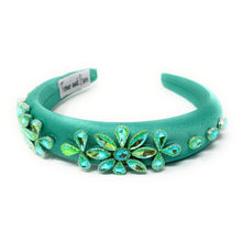 Load image into Gallery viewer, Turquoise satin headband adorned with sparkling crystal flowers and jewels, exuding elegance and sophistication. Background is plain white.