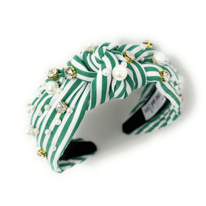 Green and white striped headband with a central knot, adorned with pearls and rhinestones, creating an elegant and playful look.