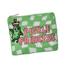 Load image into Gallery viewer, A green and white checkered beaded coin purse featuring a cartoon pickle character wearing a crown and the words 'PICKLE PRINCESS' in pink beaded letters.