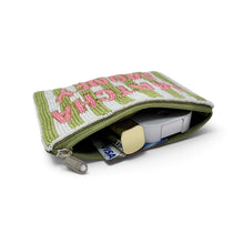 Load image into Gallery viewer, A small zippered pouch with a green and white striped  pattern and pink lettering, shown open with cards and a wallet partially visible inside, on a white background.