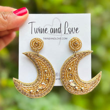 Load image into Gallery viewer, custom beaded Earrings, half moon jeweled Earrings, gold Beaded Earrings, moon earrings, summer jeweled earrings, handmade earrings, custom earrings, party accessories, fancy accessories, moon embellished earrings, custom earrings, best friend gifts, birthday gifts, bohemian earrings, luxurious handmade accessories, night jewelry, Fancy earrings, boho earrings, beaded earrings, Fancy jeweled earrings, statement earrings, best selling items, statement earrings, handmade gifts, custom gifts, gold moon

