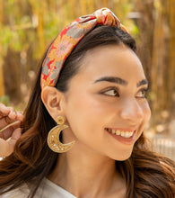 Load image into Gallery viewer, custom beaded Earrings, half moon jeweled Earrings, gold Beaded Earrings, moon earrings, summer jeweled earrings, handmade earrings, custom earrings, party accessories, fancy accessories, moon embellished earrings, custom earrings, best friend gifts, birthday gifts, bohemian earrings, luxurious handmade accessories, night jewelry, Fancy earrings, boho earrings, beaded earrings, Fancy jeweled earrings, statement earrings, best selling items, statement earrings, handmade gifts, custom gifts, gold moon