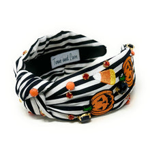 Load image into Gallery viewer, Halloween Jeweled Headband, Halloween Knotted Headband, black white Knotted Headband, Halloween Hair Accessories, striped black white Headband, Best Seller, headbands for women, best selling items, knotted headband, hairbands for women, Halloween gifts, halloween knot Headband, Halloween accessories, custom headband, Halloween headband, Statement headband, Halloween gifts, jeweled knot headband, Pumpkins headband, halloween Embellished headband, candy corn headband