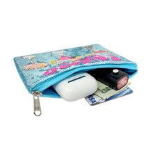 Load image into Gallery viewer, Sparkly blue sequin pouch with pink “Cosmo Funds” wording and three beaded cocktail glasses, small zip bag.