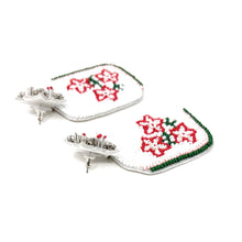 Load image into Gallery viewer, White beaded statement earrings with red flower pattern and green accents
