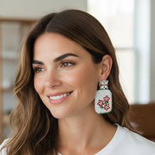 Load image into Gallery viewer, Elegant beaded earrings featuring red flowers and green leaf details