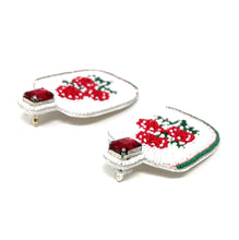 Load image into Gallery viewer, Elegant floral beaded earrings with red roses and green leaf accents