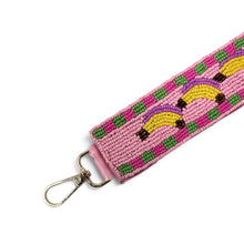 Load image into Gallery viewer, Hand beaded banana wristlet keychain featuring three yellow bananas on a pink beaded strap with green and purple accents. Includes a gold-tone lobster clasp and comfortable wrist loop, perfect for holding keys, key fobs, or ID badges.