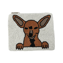 Load image into Gallery viewer, A beaded pouch featuring a Chihuahua design. The tan and black dog with large ears and paws pops against a white beaded background, evoking playful charm.