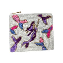 Load image into Gallery viewer, Small pouch with beaded mermaid designs on a white background