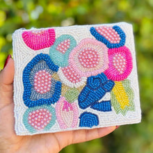 Load image into Gallery viewer, White beaded coin pouch with colorful floral design and pearl details