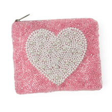 Load image into Gallery viewer, Small pink beaded purse with heart embellishment and zipper closure